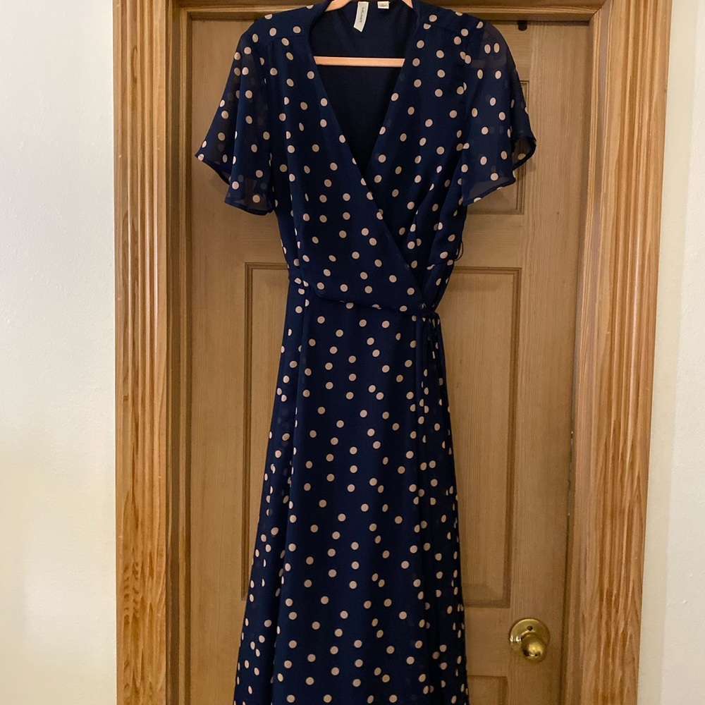 Tacera Navy Midi Dress with Tan Polka Dots